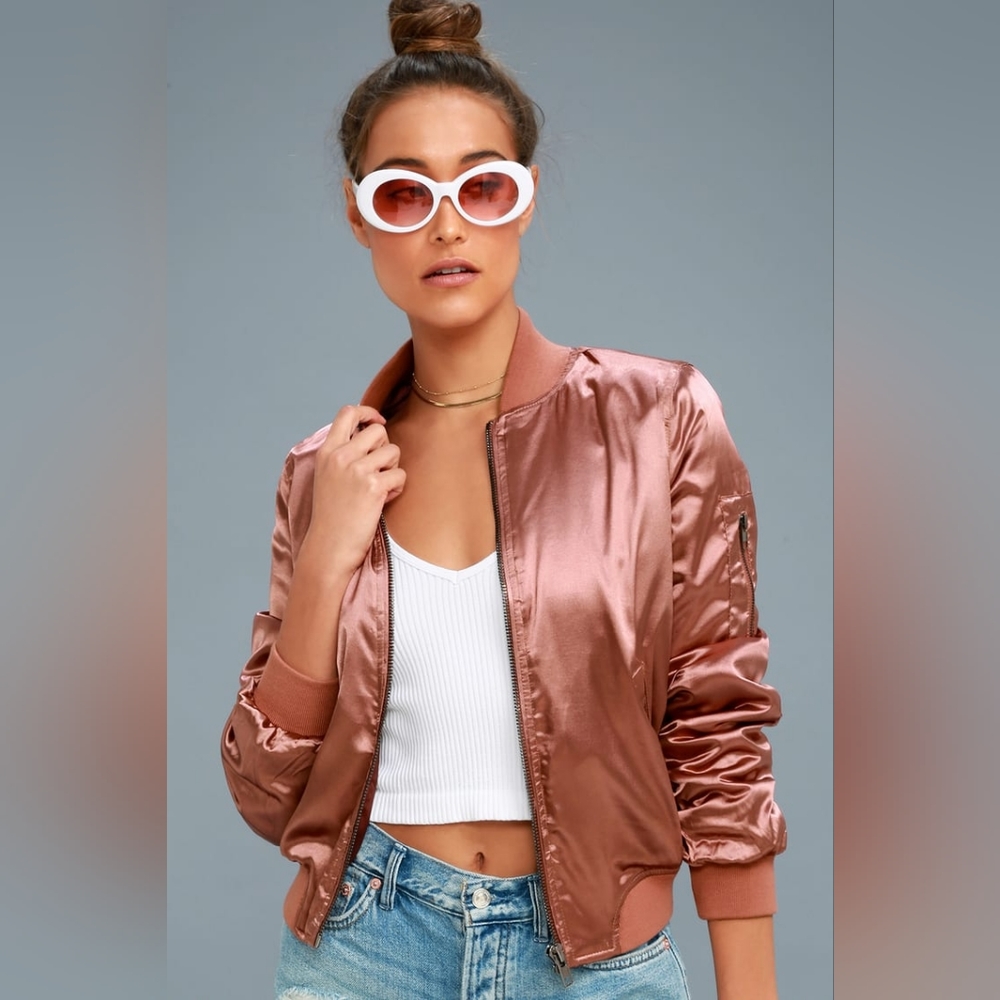 Lulu's Run This City Rusty Rose Bomber Jacket, Size Medium